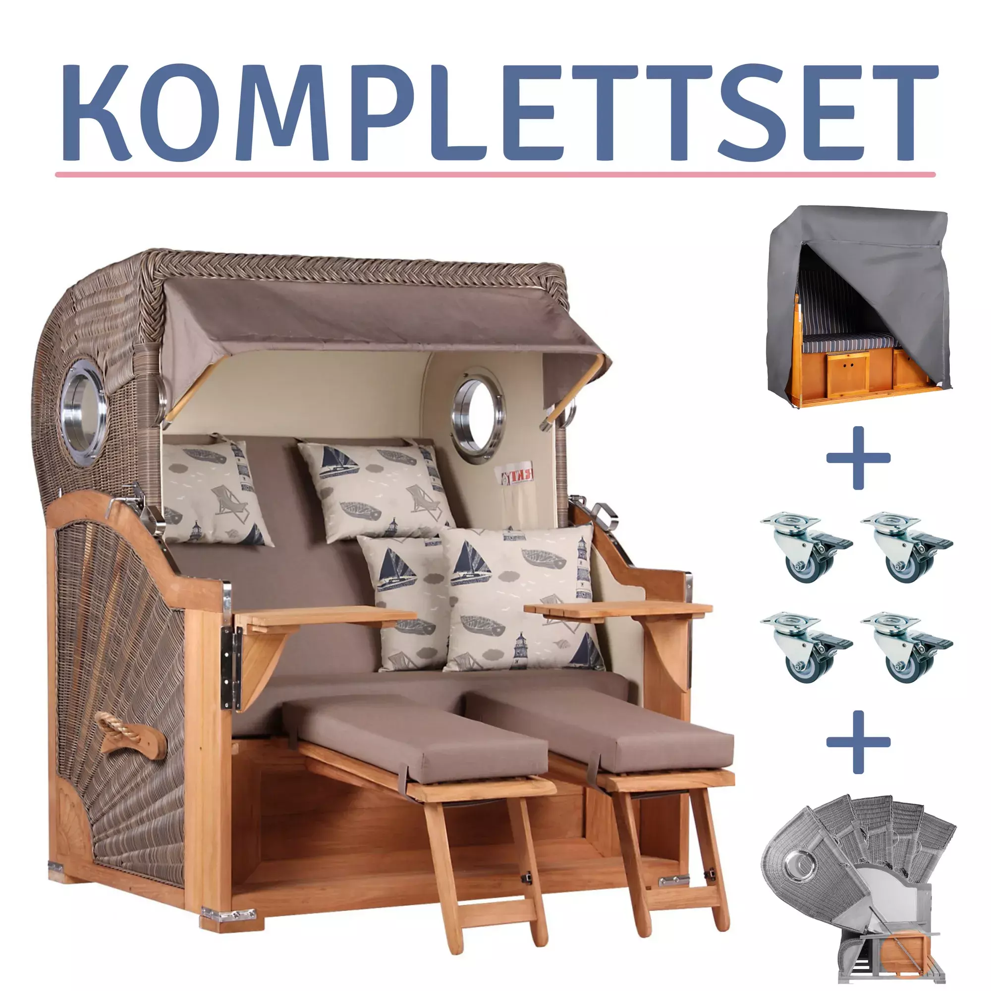 Strandkorb Norderney Teak Bullauge PE grey Dessin 540-KOMPLETTSET