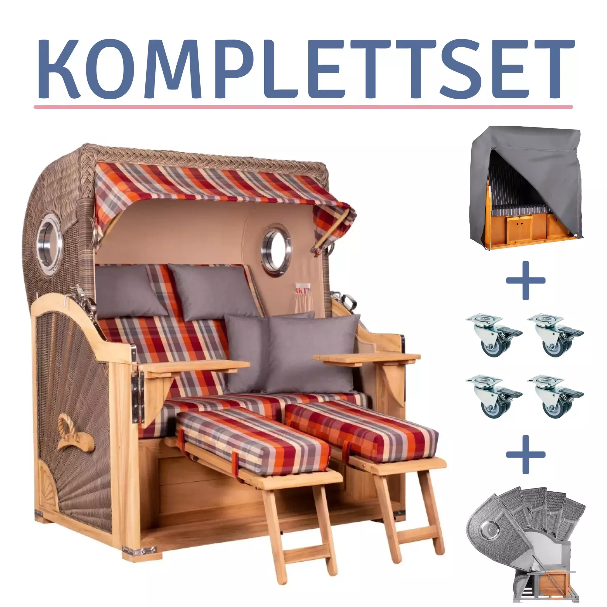 Strandkorb Norderney Teak Bullauge PE grey Dessin 584-KOMPLETTSET